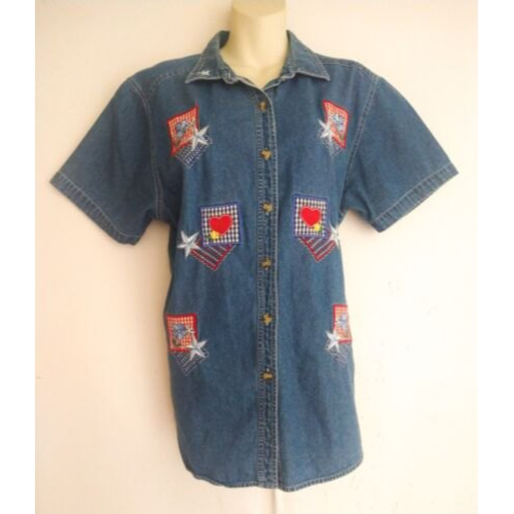 Vintage Bobbie Brooks Denim Shirt Short Sleeve Applique Embroidered Size LG